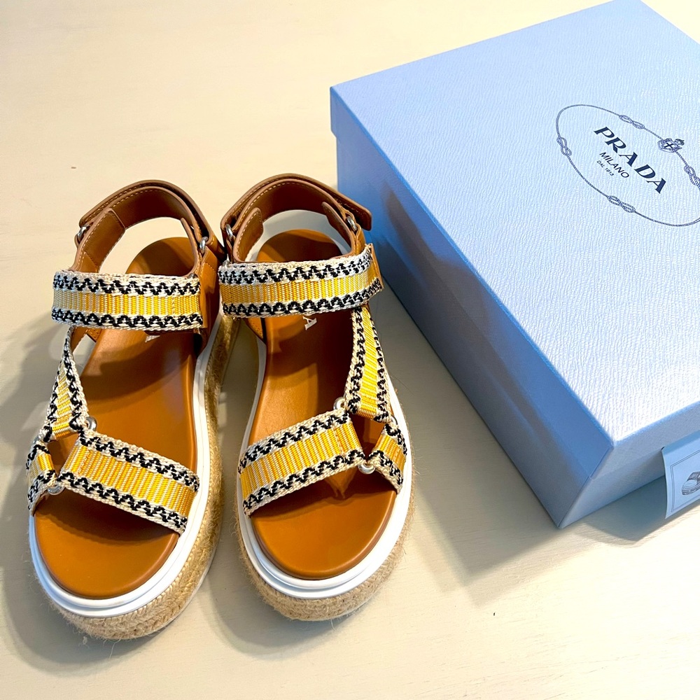 Prada Yellow And Jaquard And Leather Platform Espadrilles